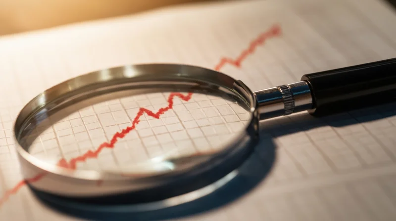 Magnifying glass over a red line graph on paper showing upward trend