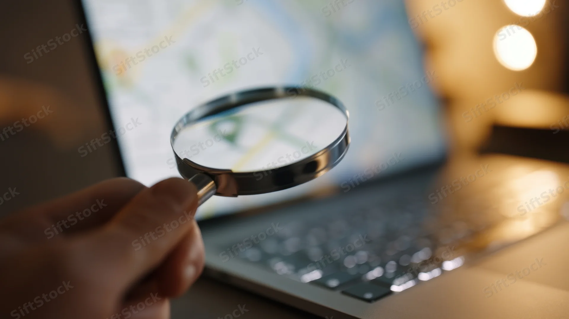 Hand holding magnifying glass over laptop screen displaying digital map