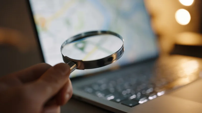 Hand holding magnifying glass over laptop screen displaying digital map