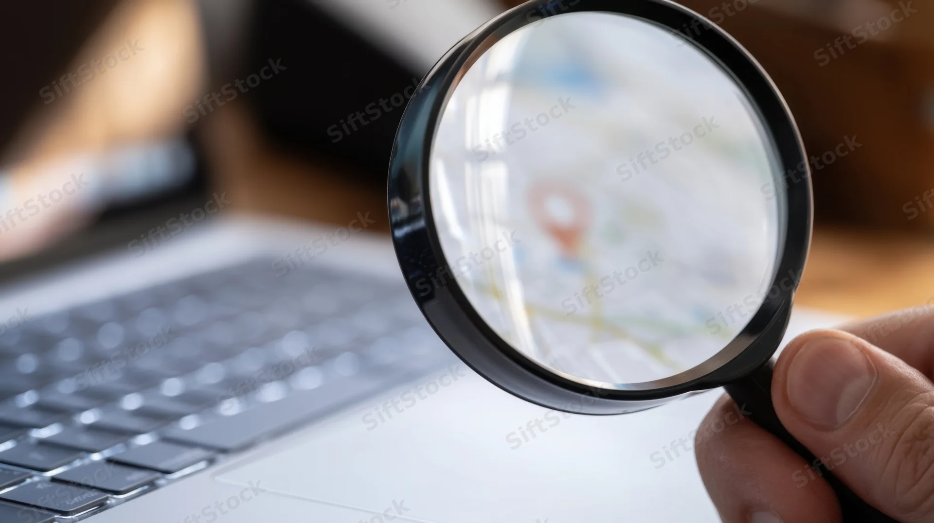 Hand holding magnifying glass over digital map displayed on laptop screen