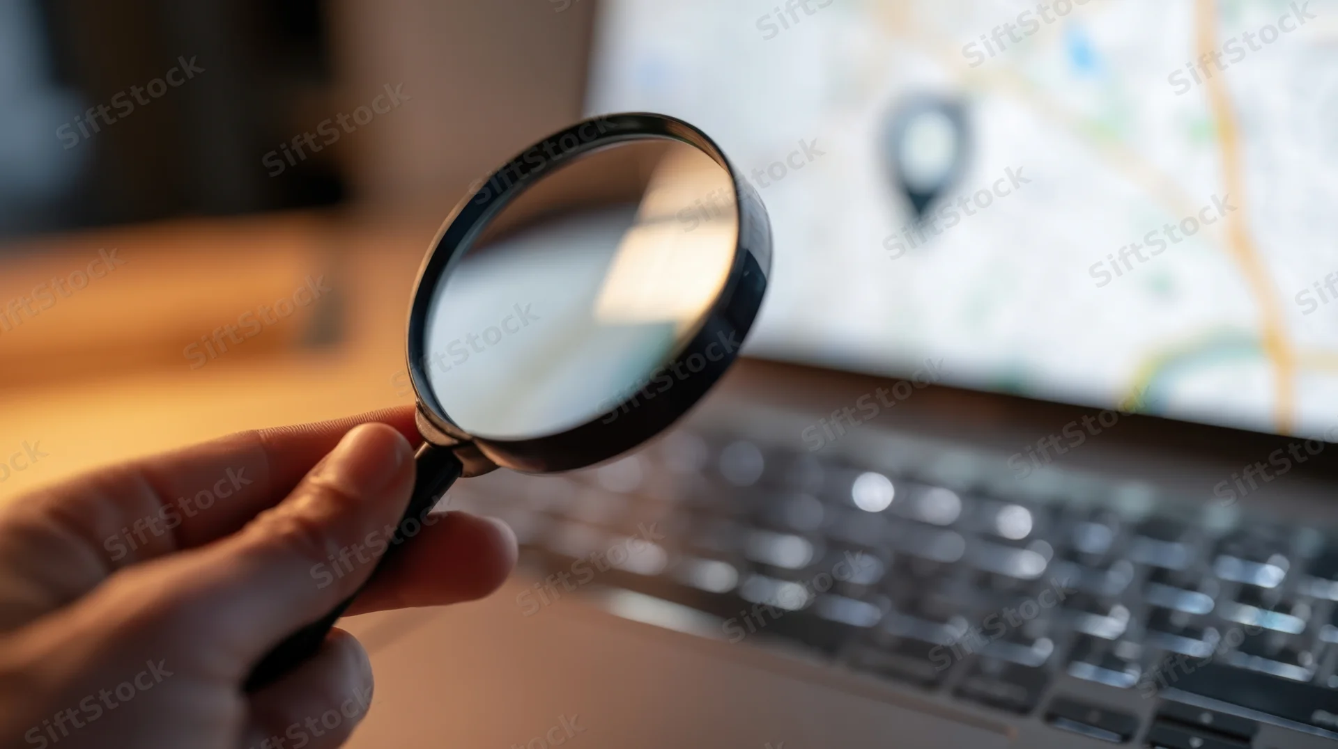 Hand holding magnifying glass over laptop screen displaying digital map with location pin