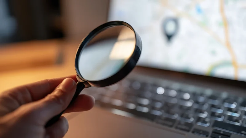 Hand holding magnifying glass over laptop screen displaying digital map with location pin