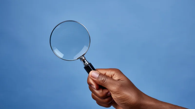 Hand holding a magnifying glass against a blue background with copyspace
