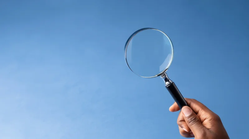 Hand holding magnifying glass against blue sky background