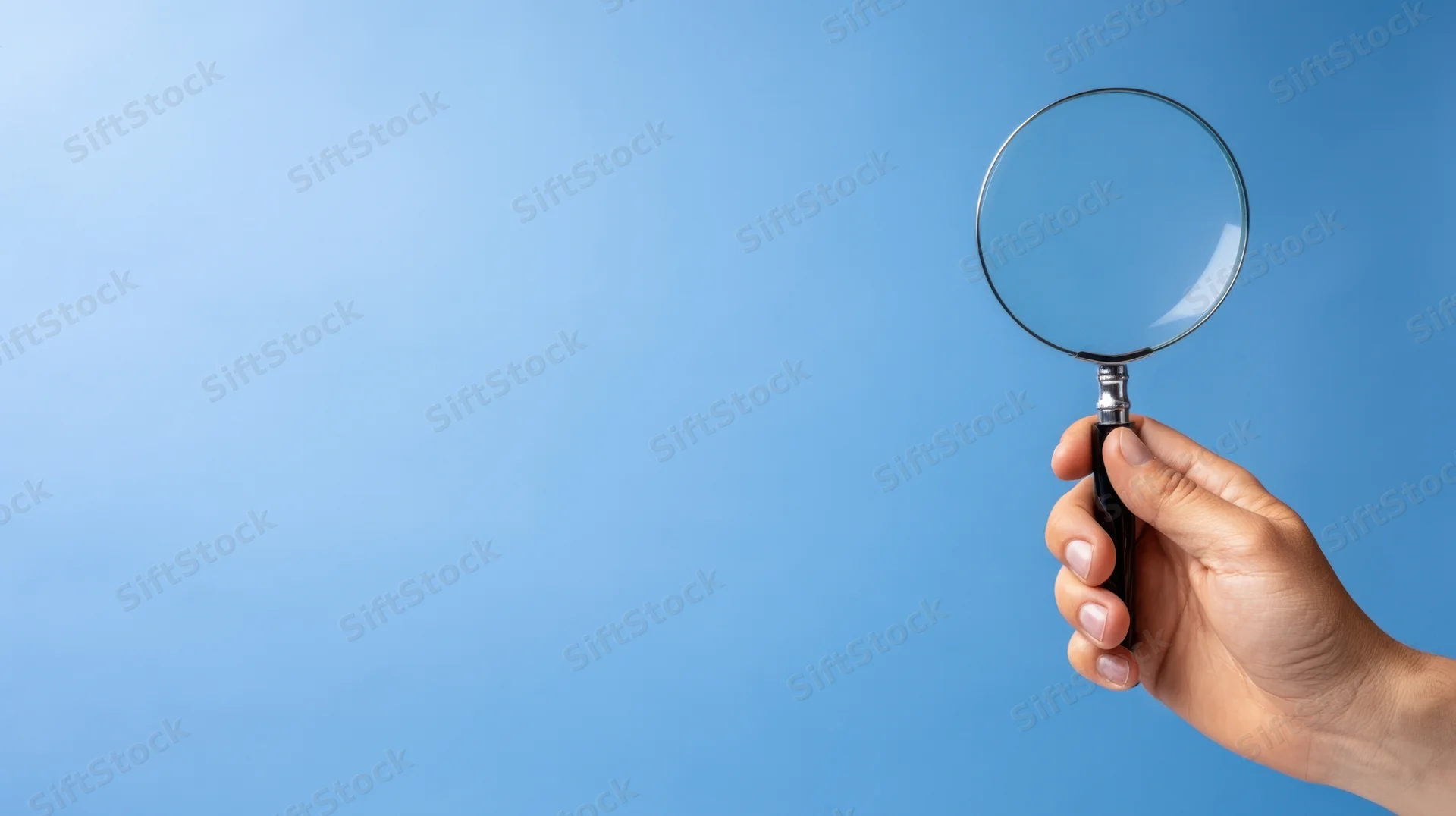 Hand holding a magnifying glass against a blue background with copyspace