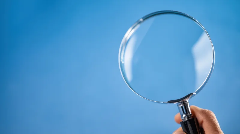 Hand holding a magnifying glass against a blue background