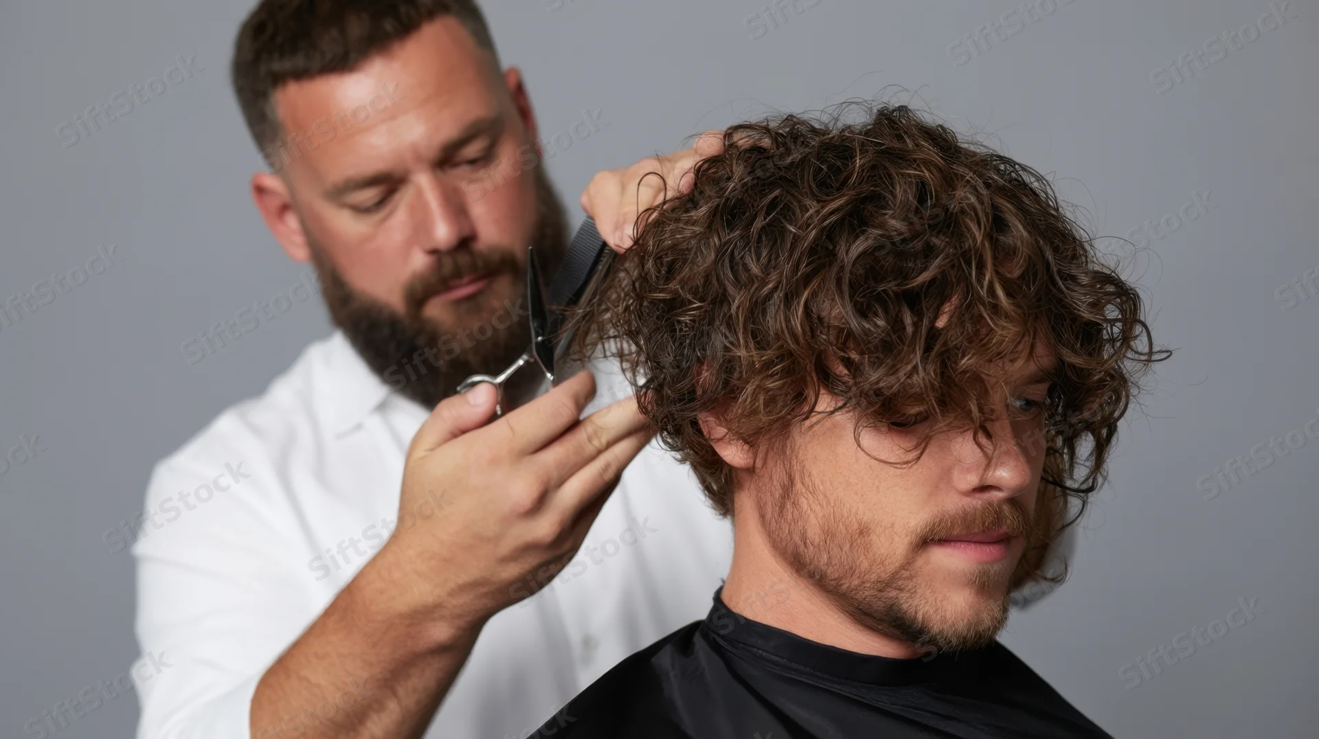 Barber cutting curly hair on a man in a salon setting