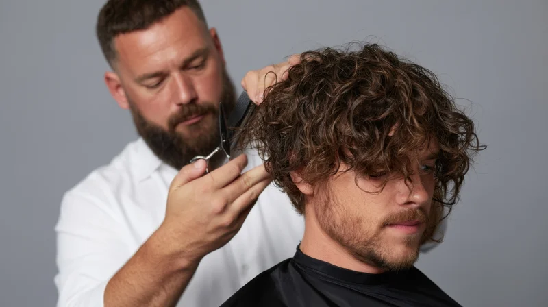 Barber cutting curly hair on a man in a salon setting