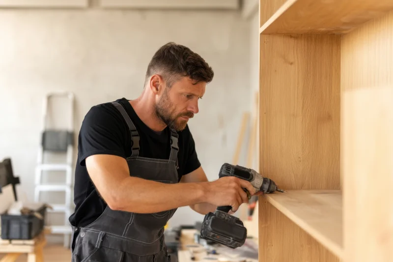 Male carpenter using power drill to assemble wooden cabinet in workshop