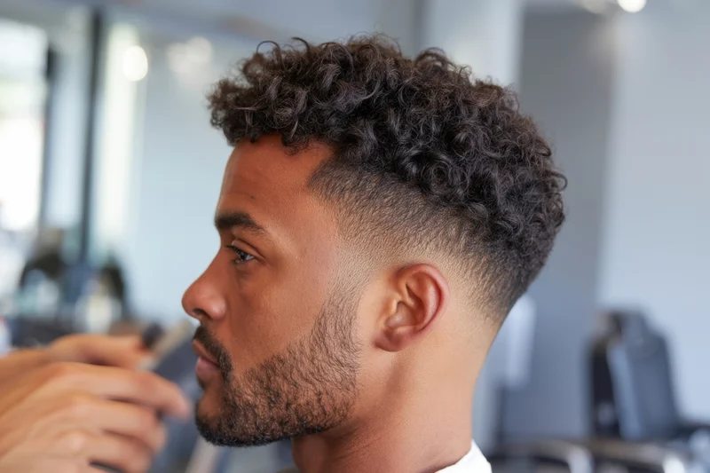 Man receiving haircut in salon profile view