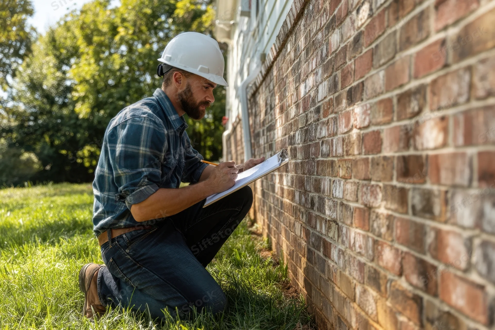 Man in hardhat kneeling on grass writing on clipboard beside brick wall