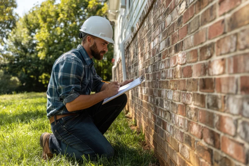 Man in hardhat kneeling on grass writing on clipboard beside brick wall