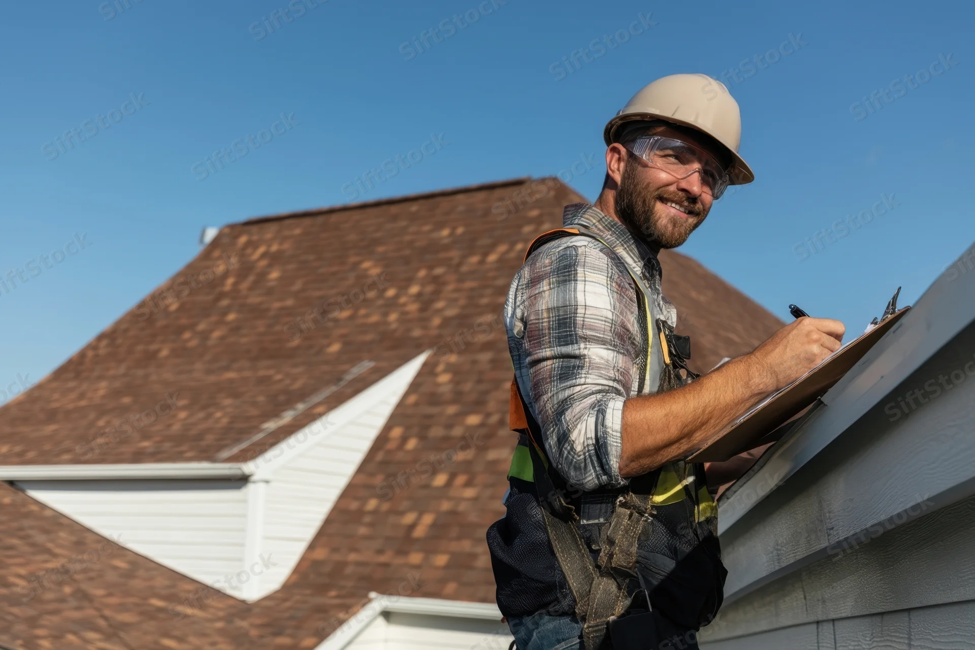 Man in safety gear writing on clipboard while inspecting a house roof