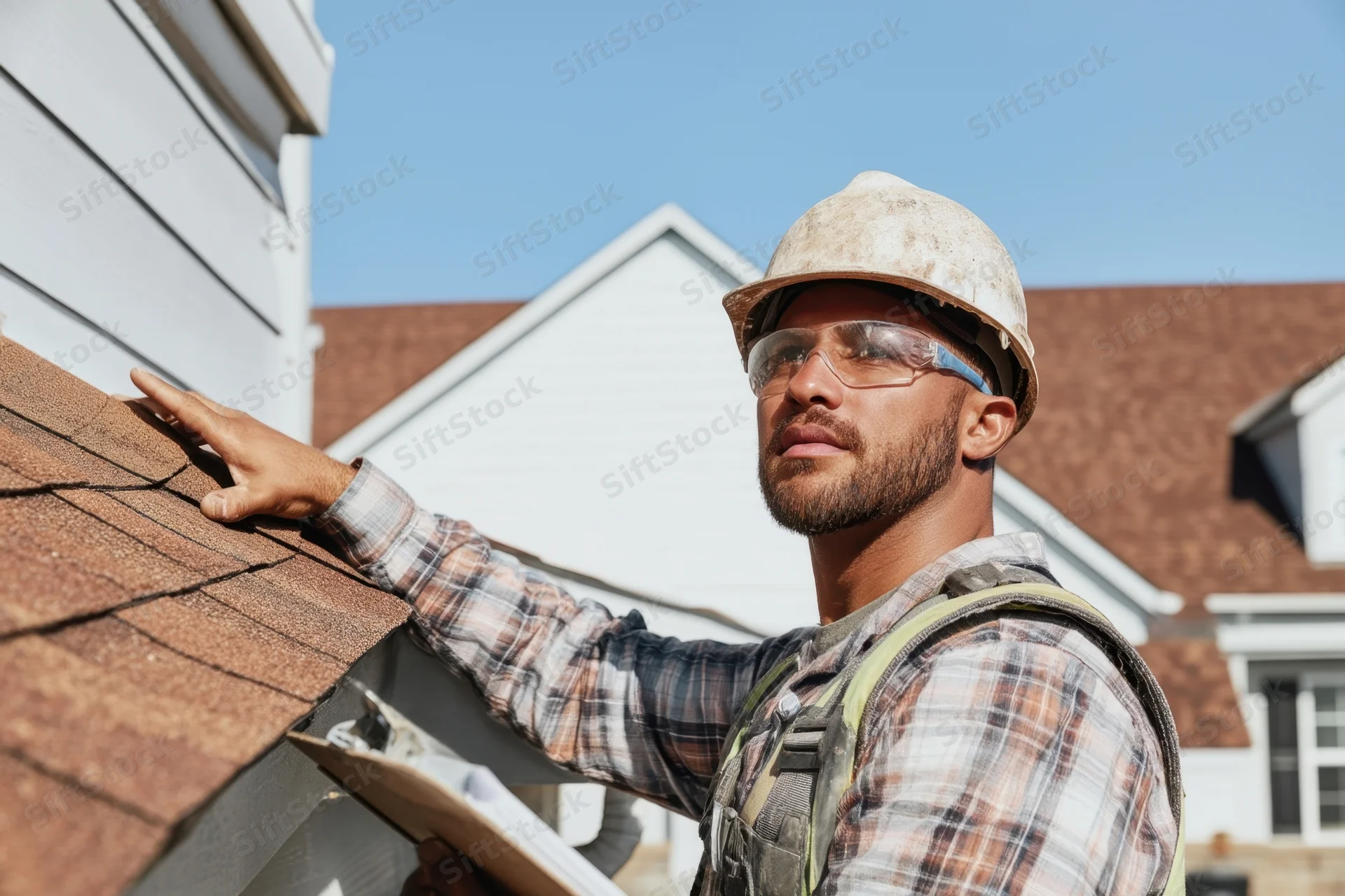 Man inspecting roof shingles on a house exterior while holding clipboard and wearing safety gear