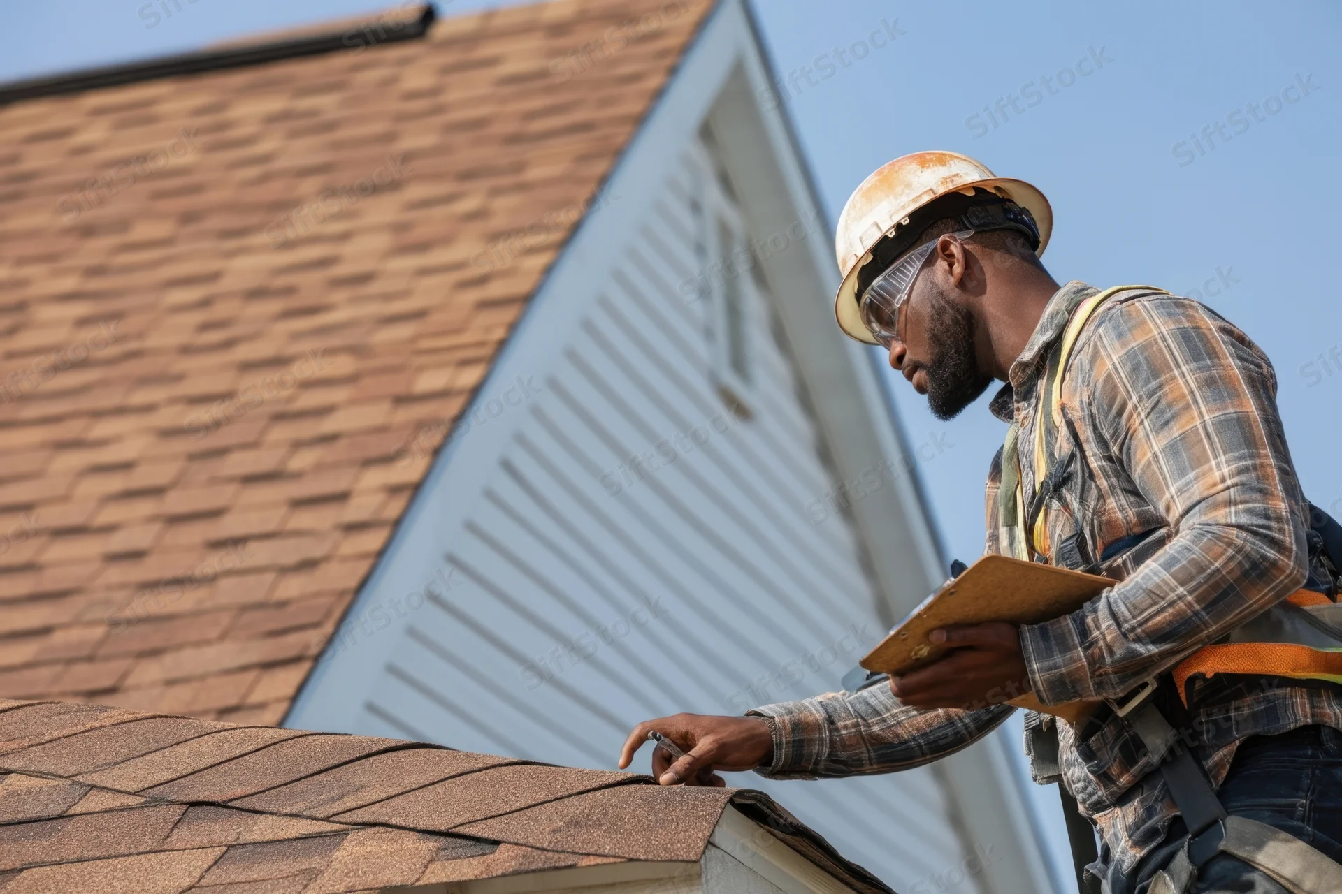 Man inspecting roof shingles on a house exterior while holding clipboard