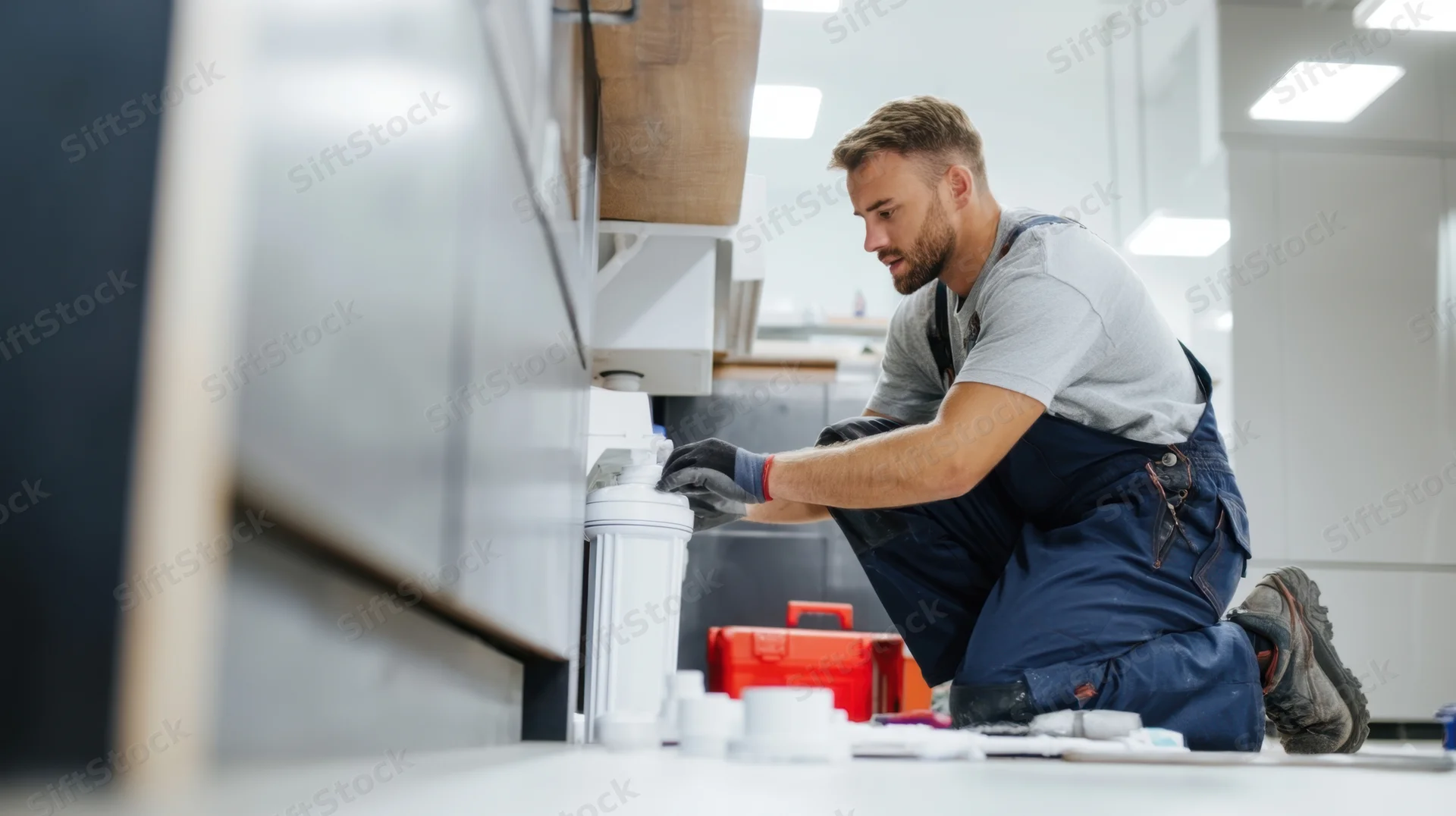 Plumber kneeling to repair kitchen sink pipe under cabinet