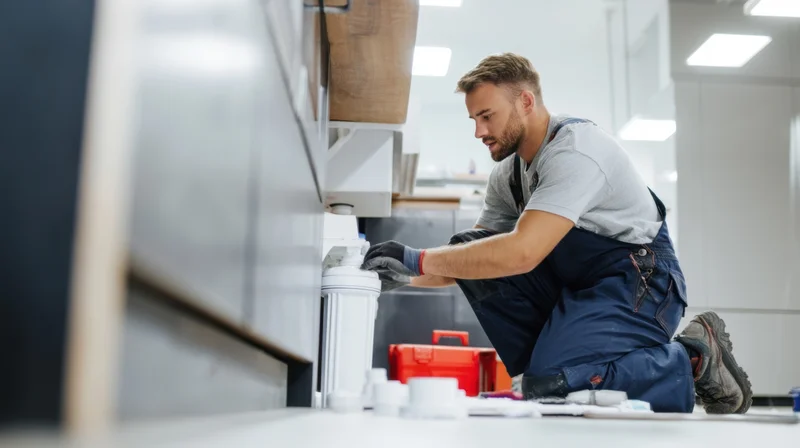 Plumber kneeling to repair kitchen sink pipe under cabinet