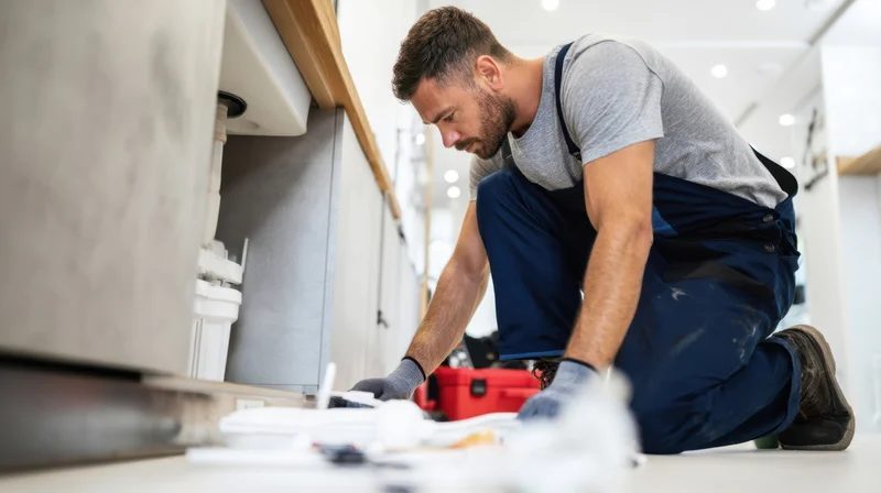 Plumber kneeling to repair kitchen sink plumbing under cabinet