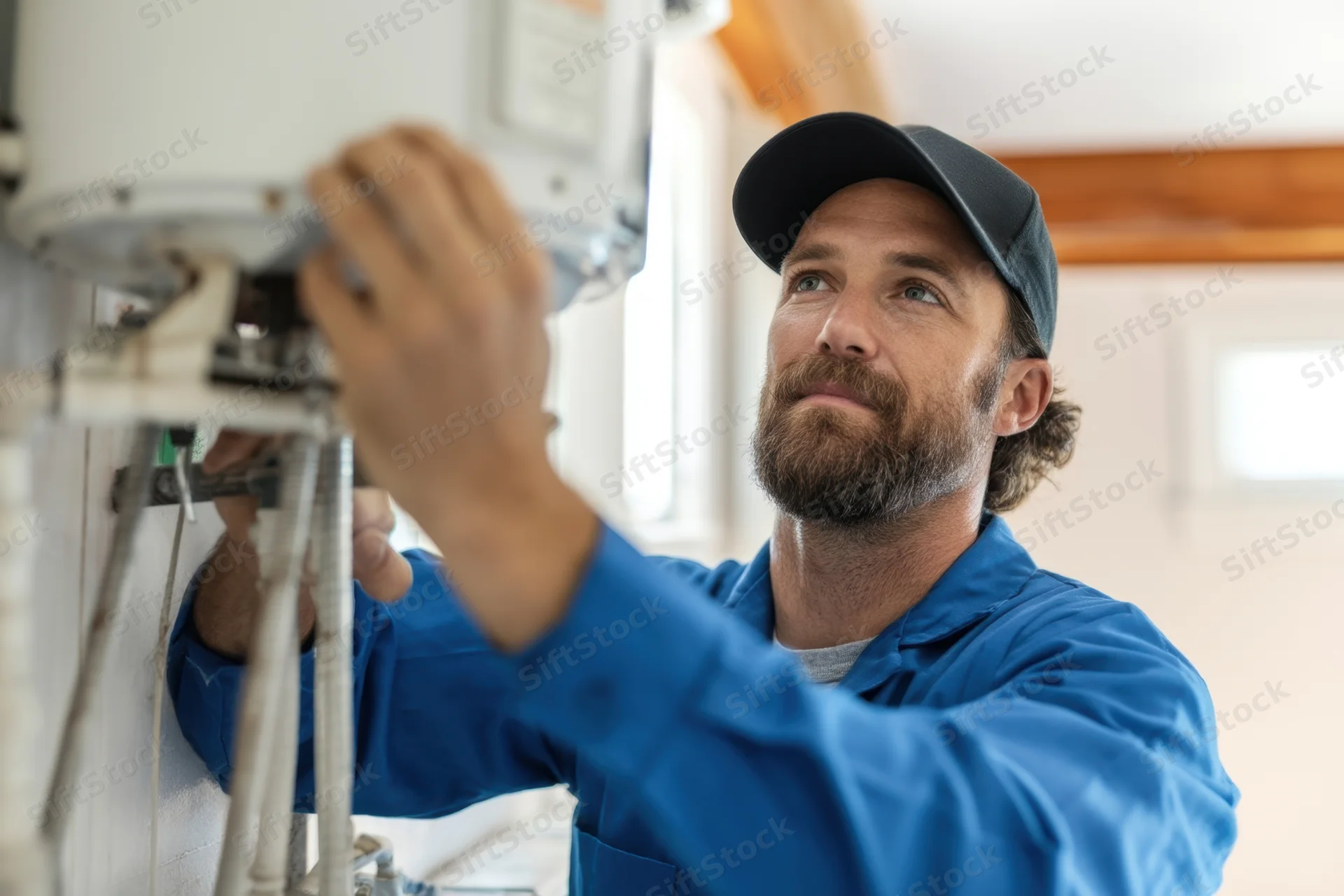 Male technician repairing water heater in residential home