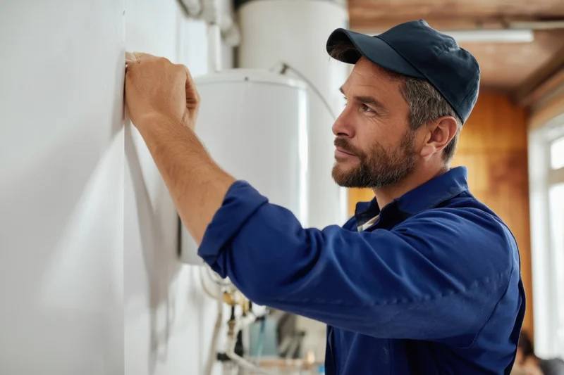 Male technician inspecting water heater in residential utility room