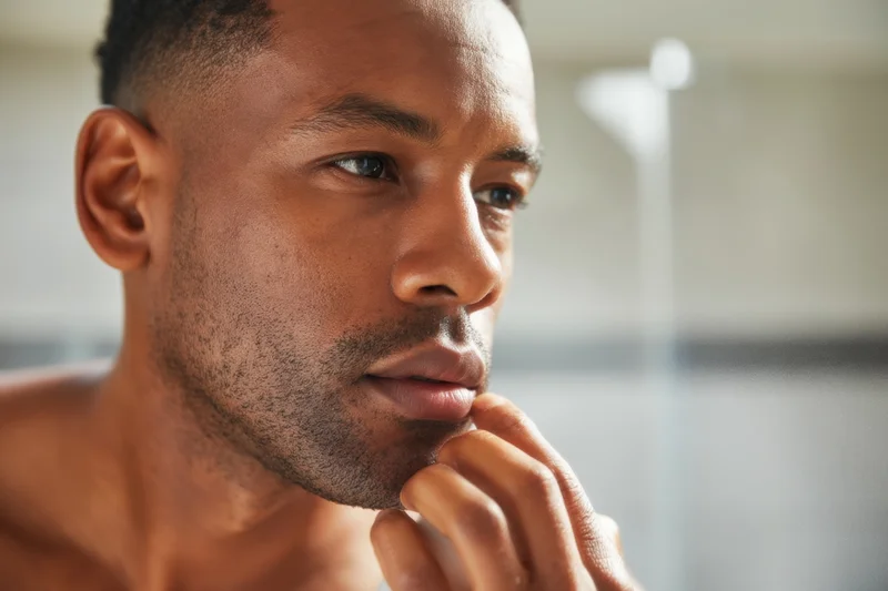 Man touching his chin in thoughtful expression in bathroom setting