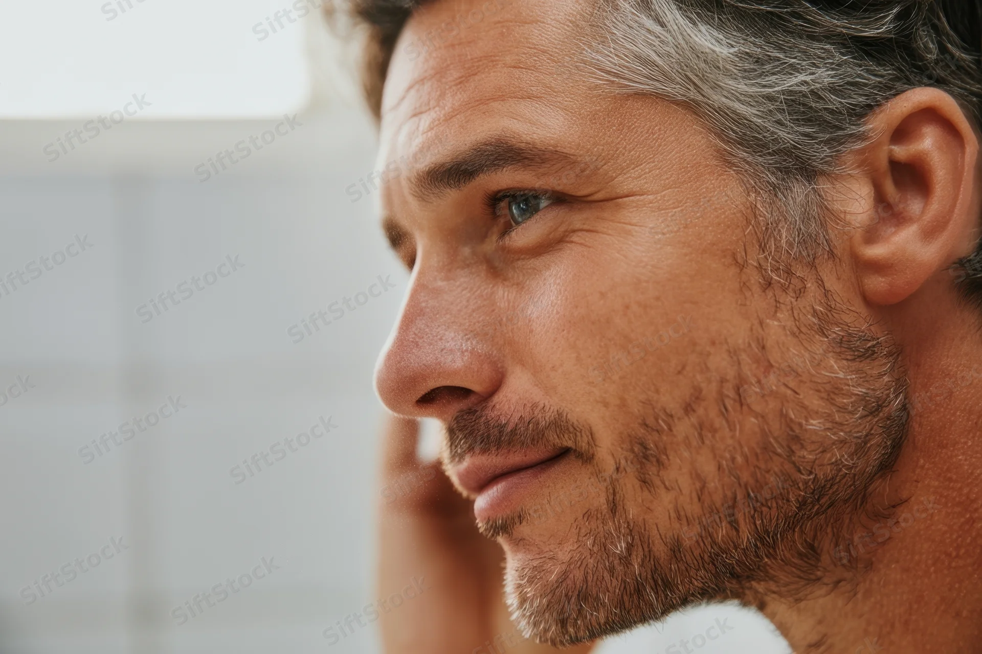 Closeup profile of a mature man with gray hair and stubble looking thoughtfully to the side indoors