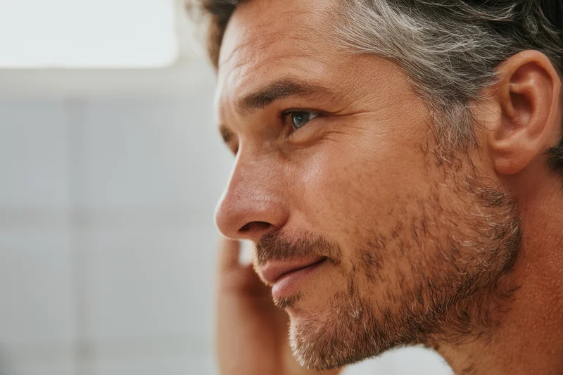 Closeup profile of a mature man with gray hair and stubble looking thoughtfully to the side indoors