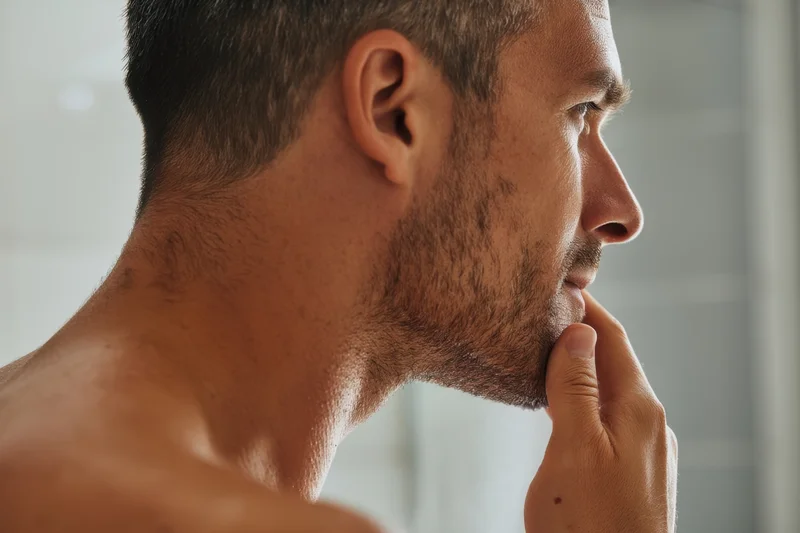 Man in profile touching his chin in contemplation indoors
