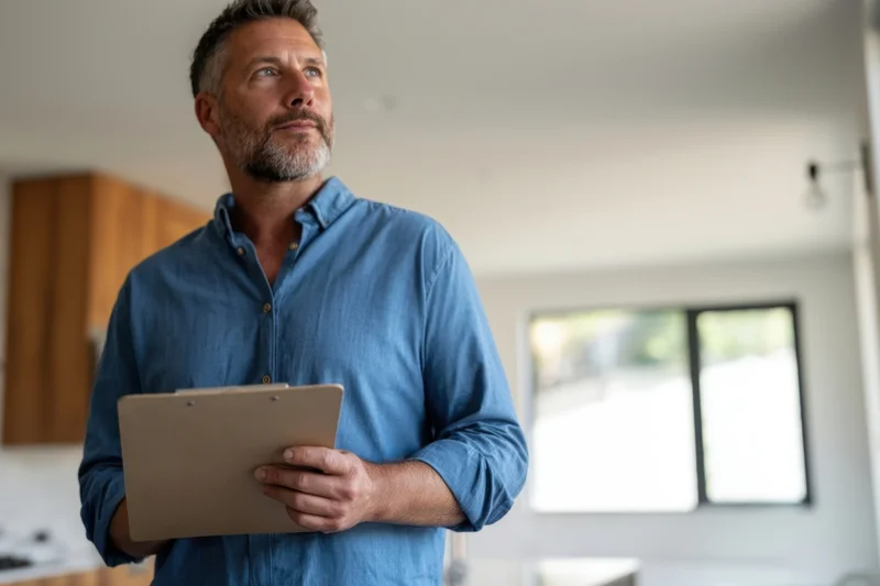 Man holding clipboard during home inspection in kitchen interior