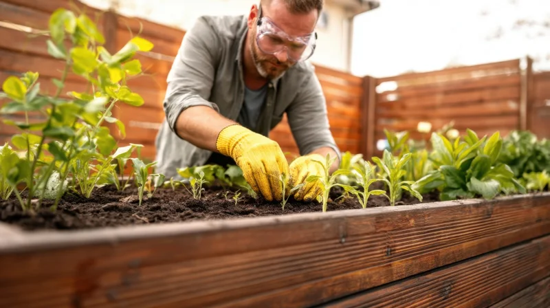 Man tending seedlings in a wooden raised garden bed outdoors