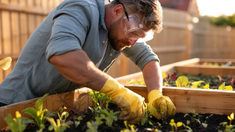 Man planting seedlings in a raised garden bed outdoors