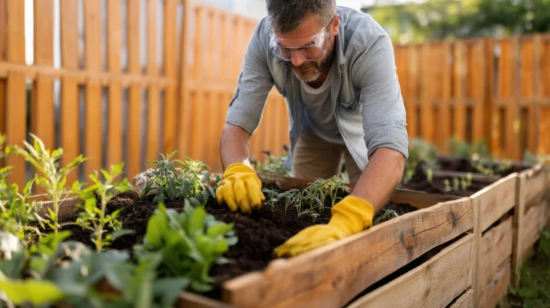 Man planting seedlings in a wooden raised garden bed outdoors