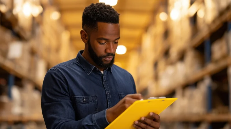 Man holding yellow clipboard while inspecting inventory in warehouse