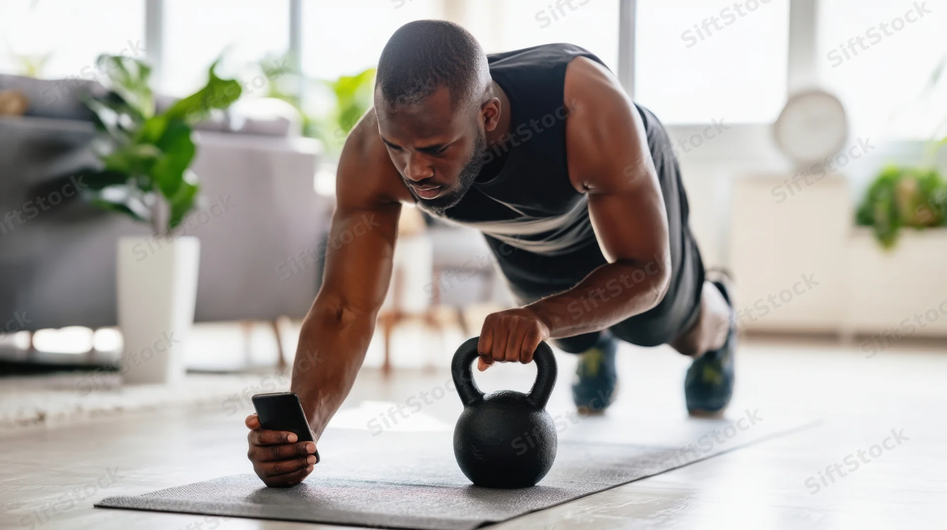 Man doing pushup with kettlebell on mat in living room holding smartphone