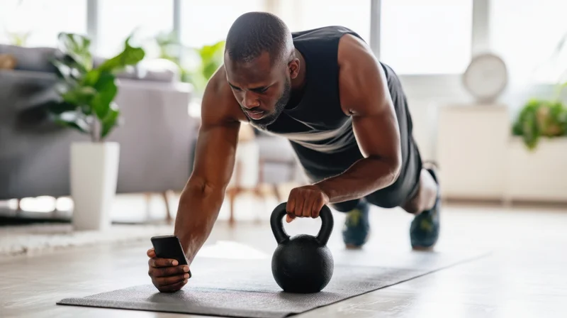 Man doing pushup with kettlebell on mat in living room holding smartphone