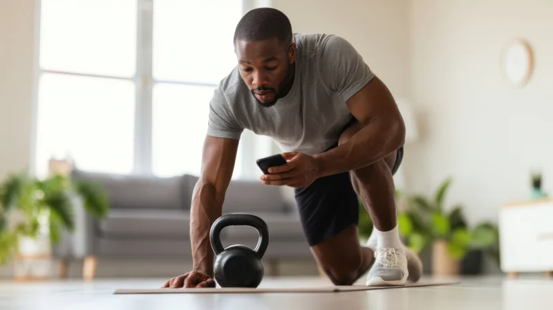 Man doing strength training with kettlebell on mat in living room while checking smartphone