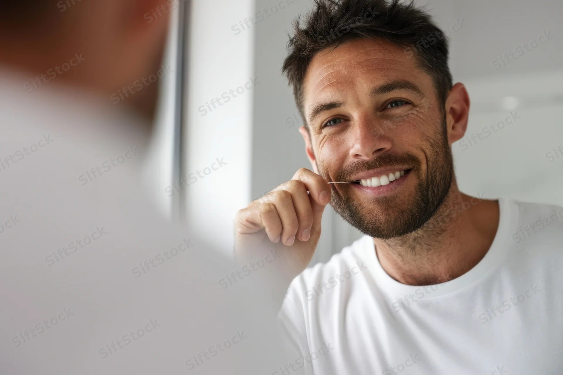 Man smiling while flossing teeth in front of mirror at home