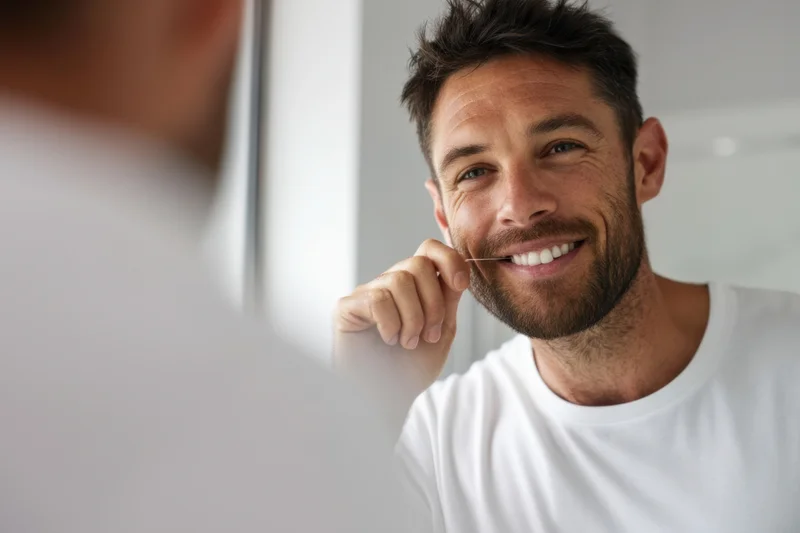 Man smiling while flossing teeth in front of mirror at home