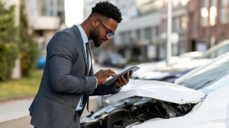 Man in suit using tablet to inspect open hood of white car on city street