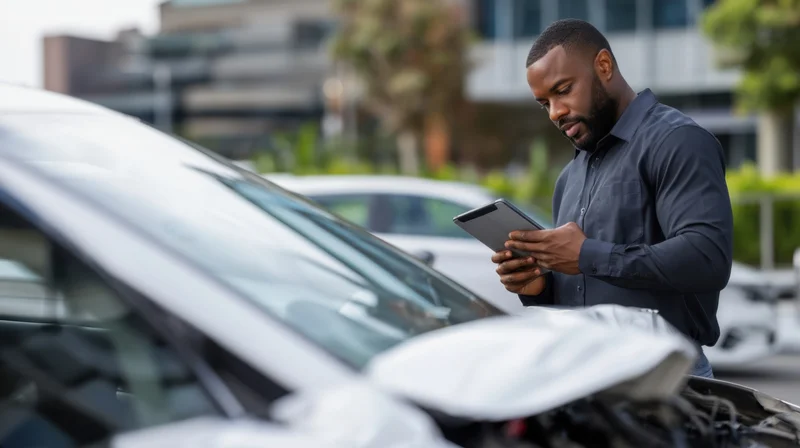 Man inspecting car engine with tablet outdoors