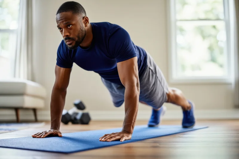 Man doing pushup on blue mat in home gym setting