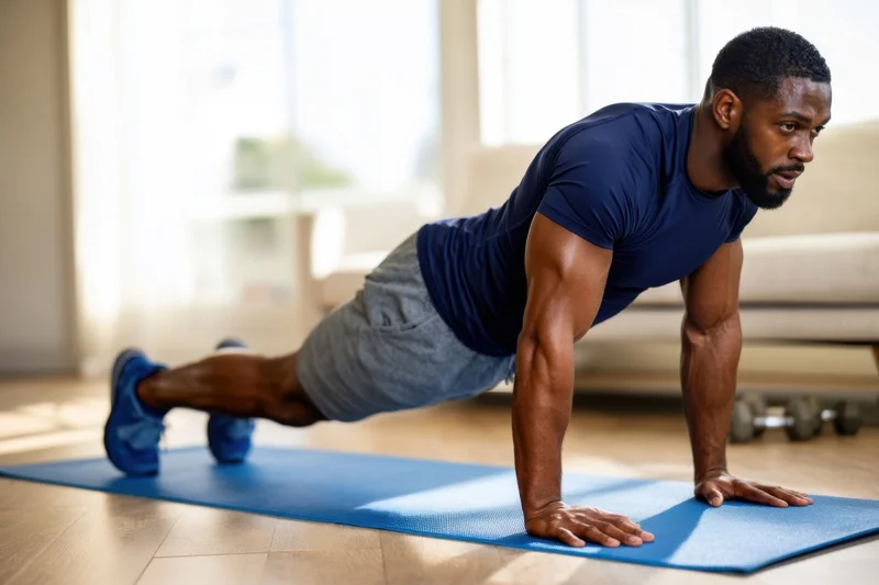 Man doing pushup on blue mat in home gym setting