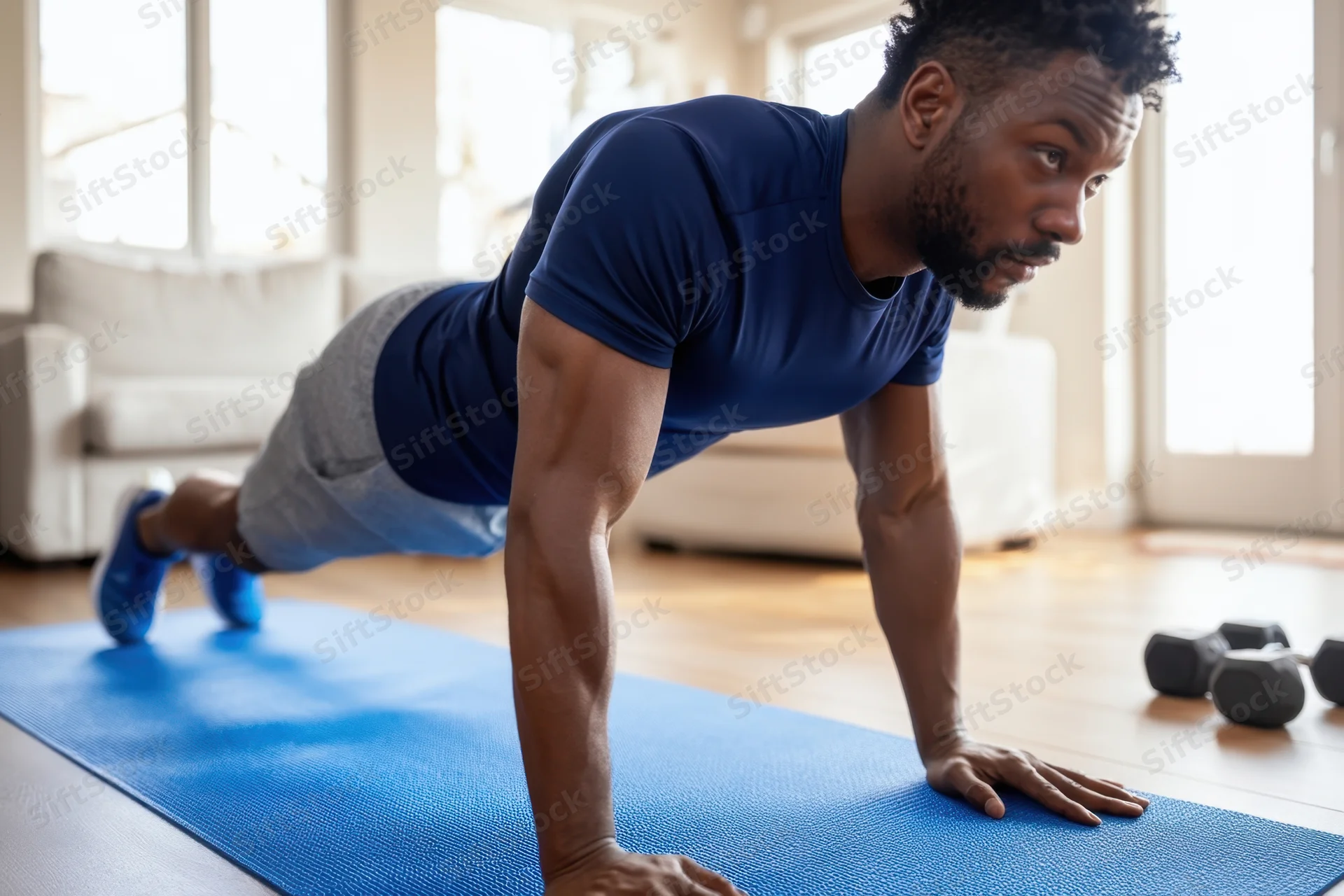 Man doing pushup on blue mat in living room