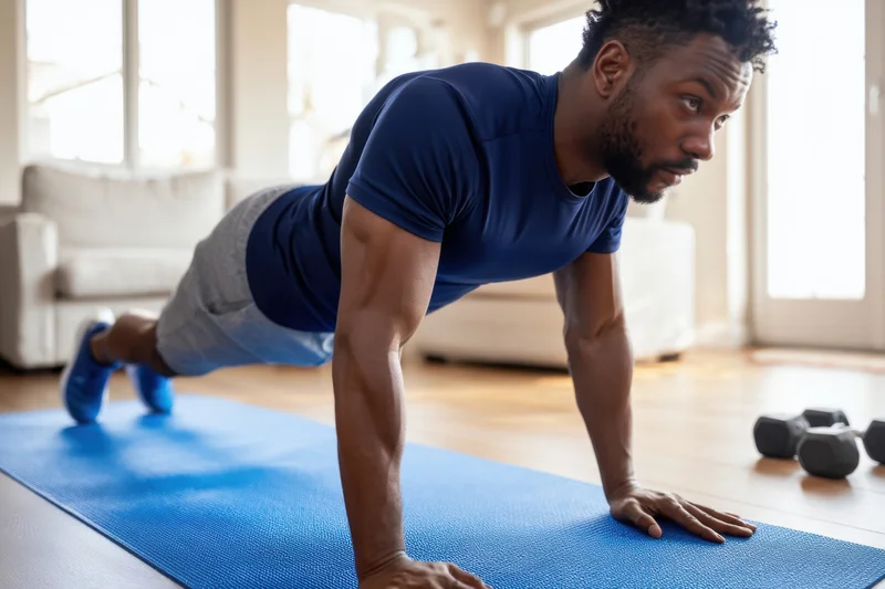 Man doing pushup on blue mat in living room