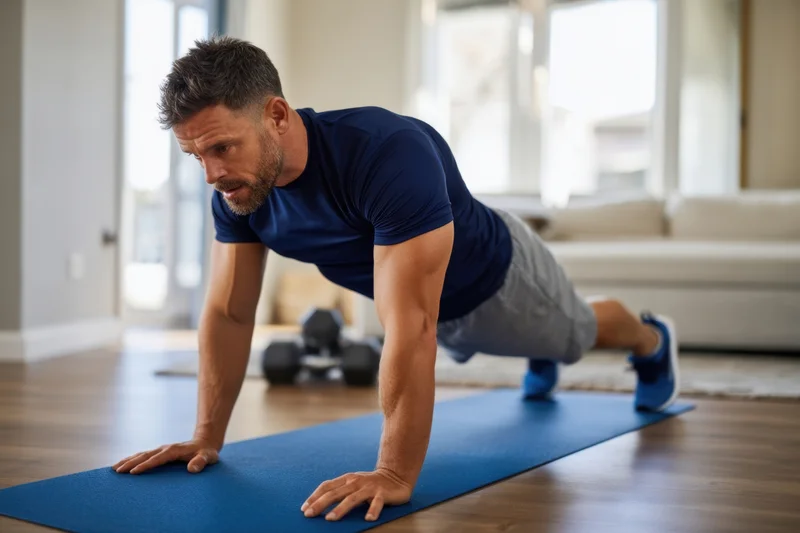 Man doing pushup on blue mat in living room