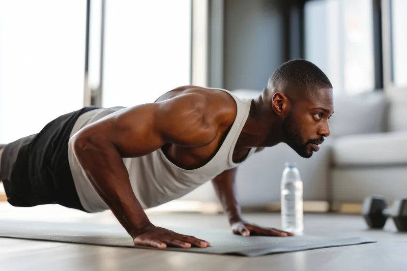 Man doing pushup on exercise mat in home gym setting