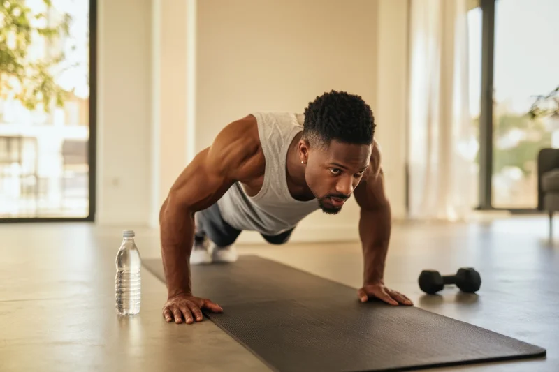 Man doing pushup on exercise mat in home gym space
