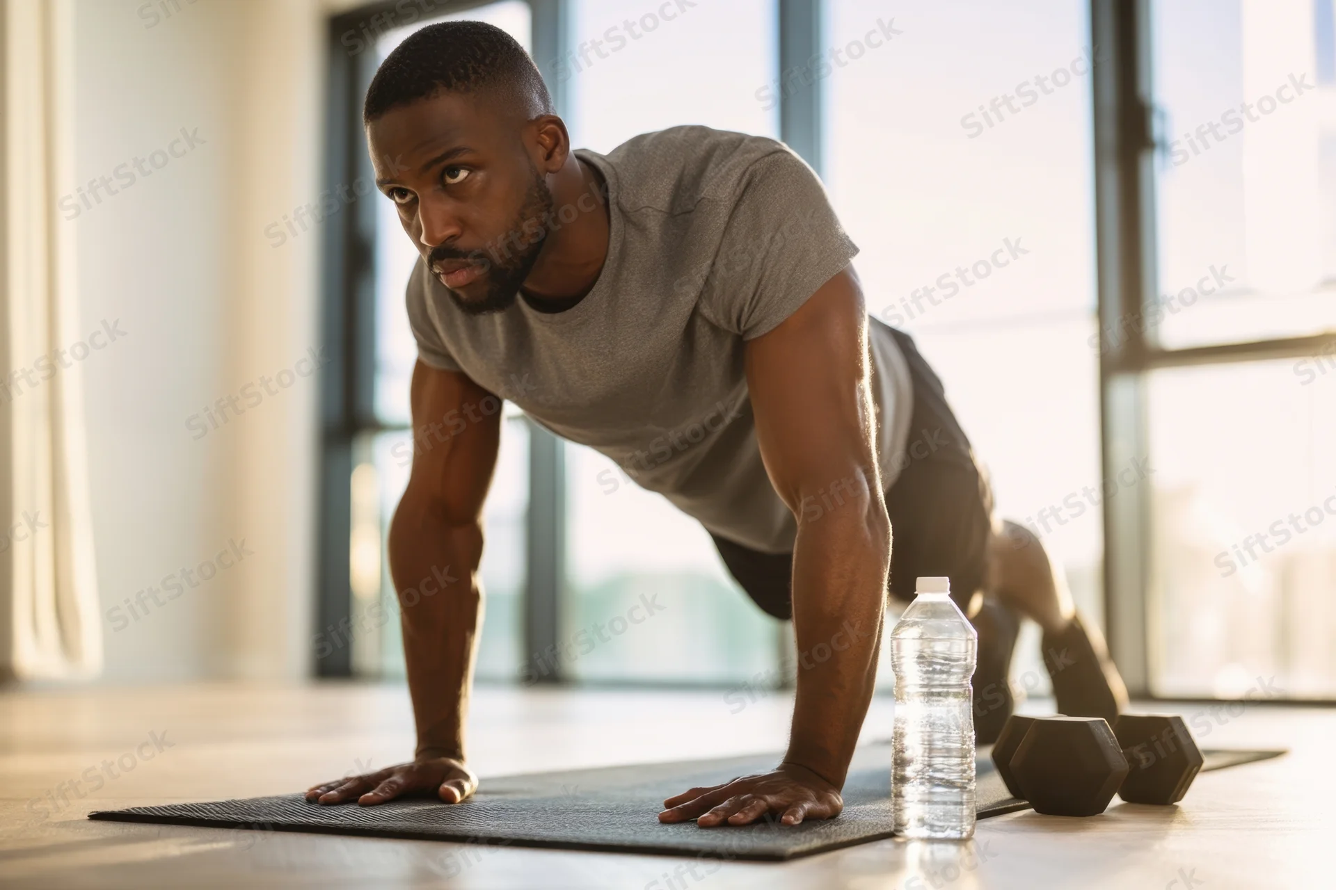 Man doing pushup on exercise mat in home gym with dumbbells and water bottle nearby