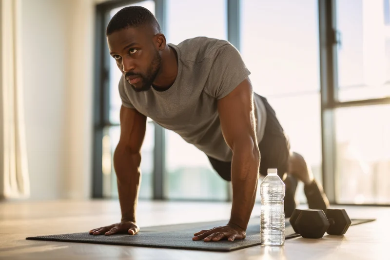 Man doing pushup on exercise mat in home gym with dumbbells and water bottle nearby