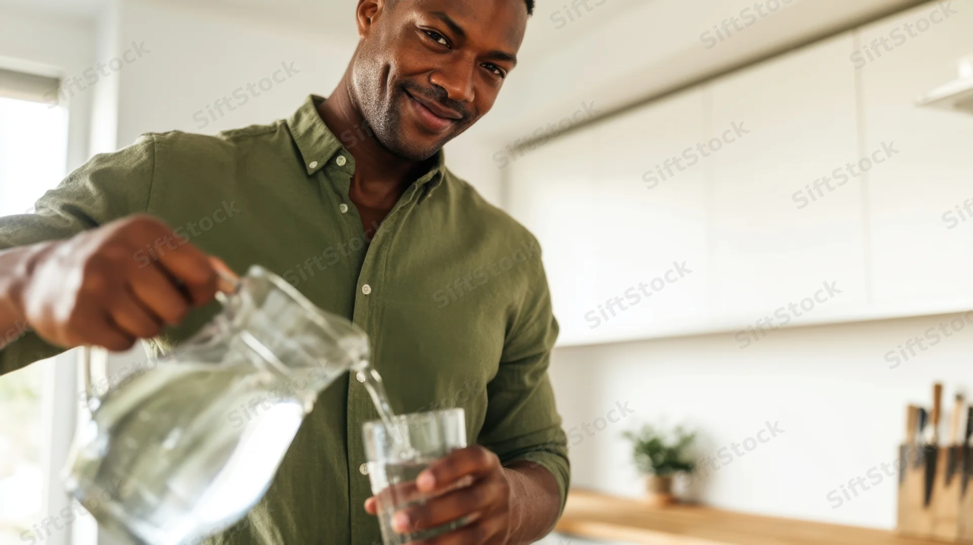Man pouring water from a glass pitcher into a glass in a modern kitchen